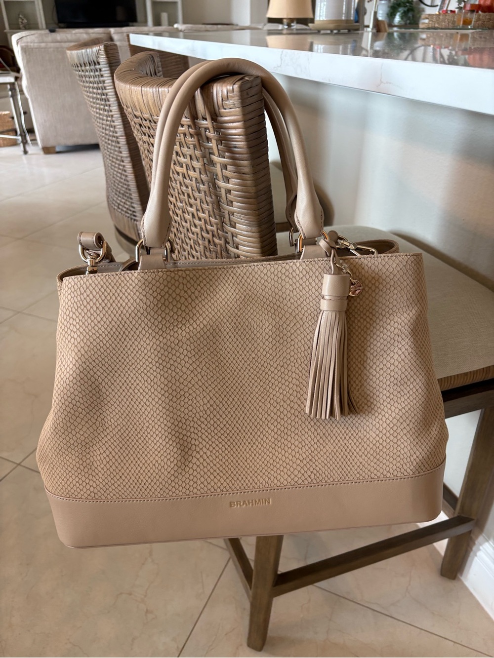 Brahmin Denise Tan/Taupe Dawnlight Snake Embossed Textured Tote with Tassel